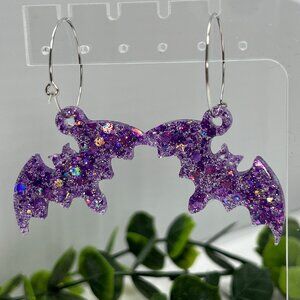 Purple Sparkle Glitter Resin Bat Hoop Dangle Earrings -  Halloween Goth Shiny